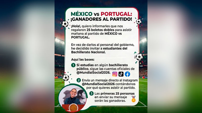 Comparte Claudia Sheinbaum las bases para participar por los boletos del partido México-Portugal de este sábado